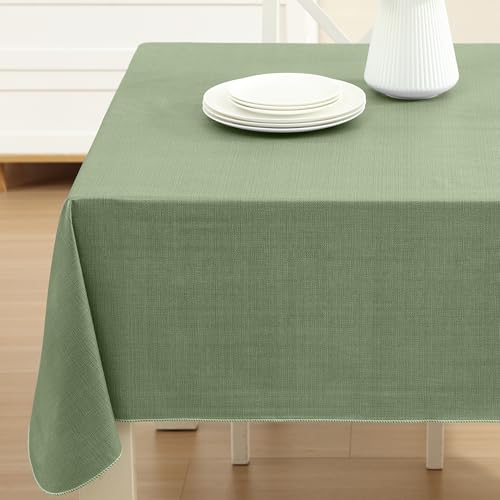 Lintex Cafe Hotel Linen Look Vinyl Flannel Backed Tablecloth, Heavyweight 4 Gauge, 60 x 120 Inch Rectangle, Sage Green Indoor Outdoor Waterproof Wipe Clean Table Cover - Image 1