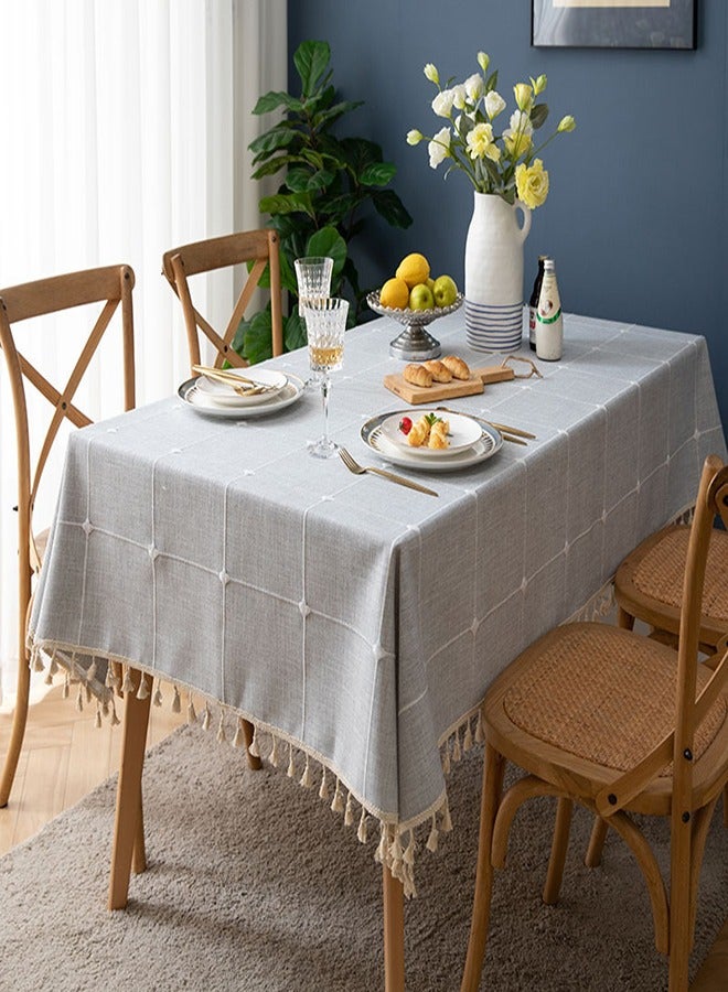 Arabest Cotton Linen Tablecloths, Checked Lattice Embroidery Tassel Table Cover 140x180cm (55 x 70 Inch) for Home Kitchen Dinning Tabletop Rectangle, Grey, Seats 4-6 People - Image 1