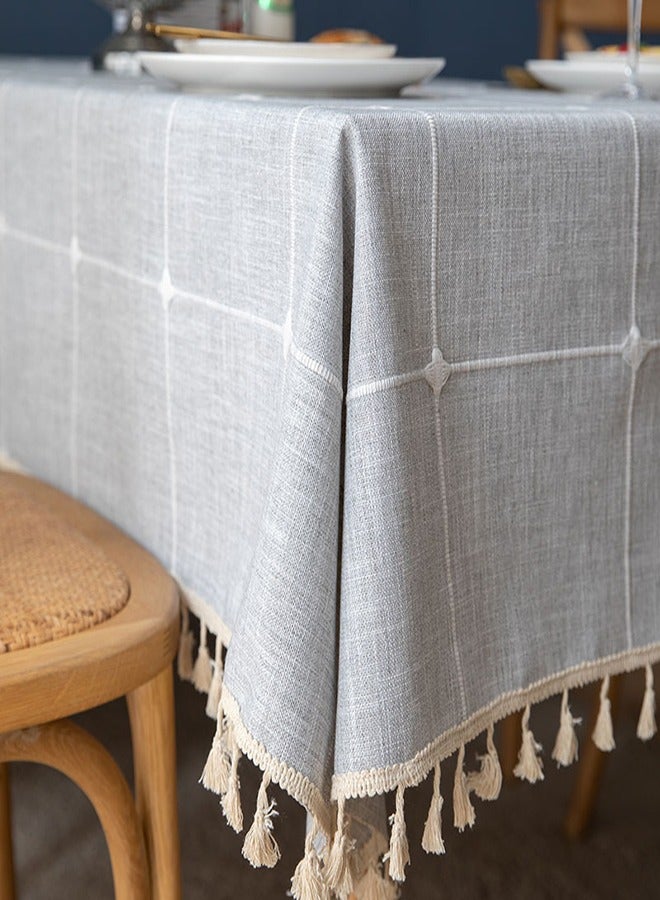 Arabest Cotton Linen Tablecloths, Checked Lattice Embroidery Tassel Table Cover 140x180cm (55 x 70 Inch) for Home Kitchen Dinning Tabletop Rectangle, Grey, Seats 4-6 People - Image 2