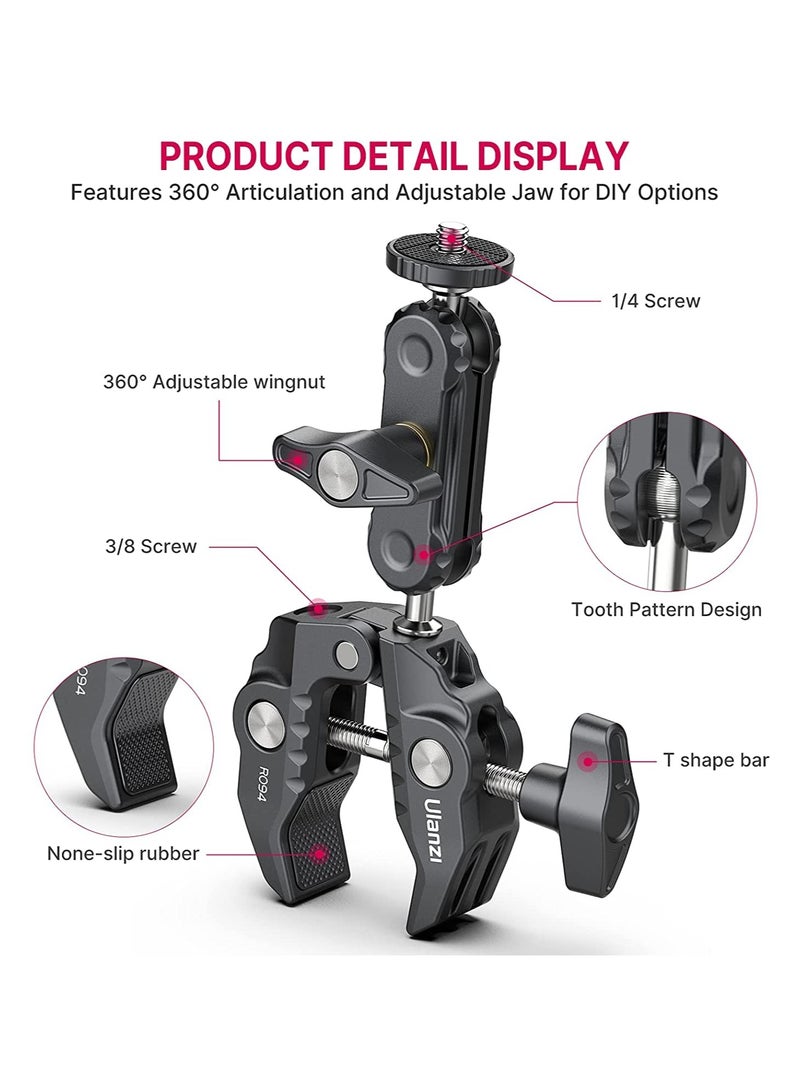 يولانزي ULANZI مشبك كاميرا بمشبك فائق التثبيت للكاميرا بمشبك 360 درجة ذو رأس كروي سحري 360 درجة محول رأس كروي مزدوج مع خيط 1/4 بوصة -20 و3/8 بوصة -16 ST-07 حامل هاتف ثلاثي القوائم - Image 4