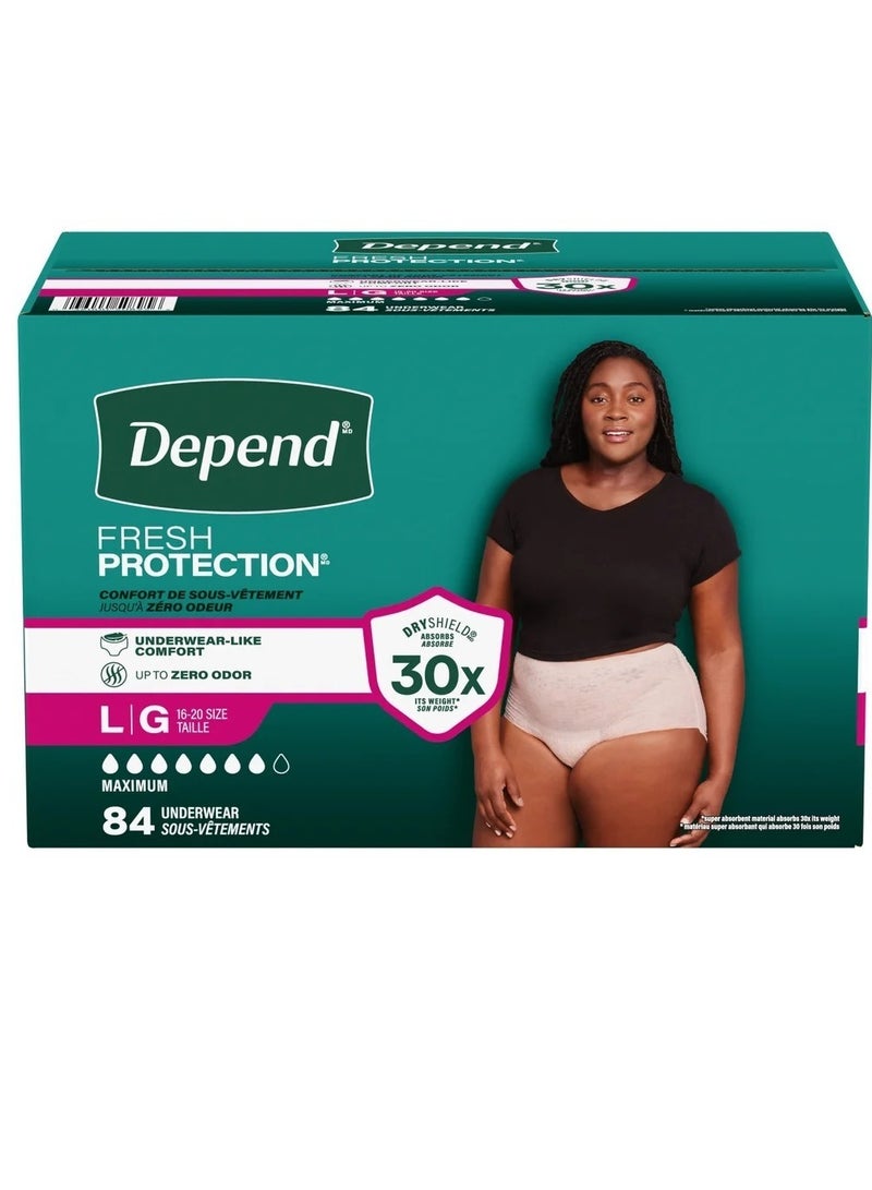 ملابس داخلية نسائية من "ديبيند" (Depend) للحماية من سلس البول (Fresh Protection) - قدرة قصوى على الامتصاص - راحة تضاهي الملابس الداخلية العادية - حماية تامة من الروائح - للاستخدام مرة واحدة - مقاس كبير (Large) - عبوة تحتوي على 84 قطعة - تناسب المقاسات 16-20. - Image 1