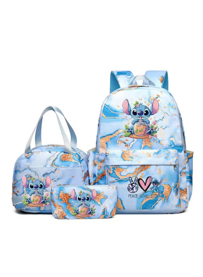 Stitch Golden Quicksand Texture Schoolbag Waterproof Primary and Secondary School Student Backpack Youth Travel Backpack 31*43*15CM + Lunch Bag 27*20*20CM + Pencil Case Three-piece Set