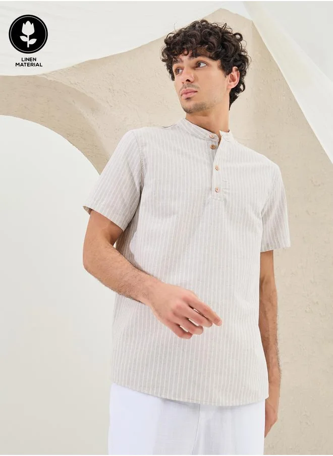 ستايلي Styli Striped Relaxed Fit Mandarin Collar Shirt