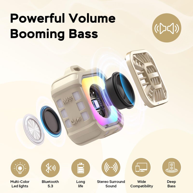 INSMY Shower Bluetooth Speaker, IP67 Waterproof Portable Small Multi Sync 100+ Speakers, Big Volume Booming Bass, 24H Playtime/Floatable/RGB Lights for Outdoor/Kayak/Beach/Golf (Khaki) - Image 3