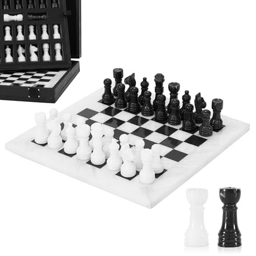 MARBLE RANGE Marble Chess Set for Adults 10 Handmade White Black Board Game with 32 Chess Pieces 2 Extra Queens Storage Box Luxury Travel Game Elegant for Home Decor - Image 1