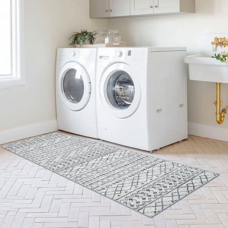 KUTA 2x6 Washable Runner Rug Non-Slip, Grey Moroccan Boho Rug Runner for Hallways Distressed Geometric Vintage Kitchen Rugs, Ultra Soft Floor Mat for Entryway, Bathroom, Laundry, Living Room, Bedroom - Image 4