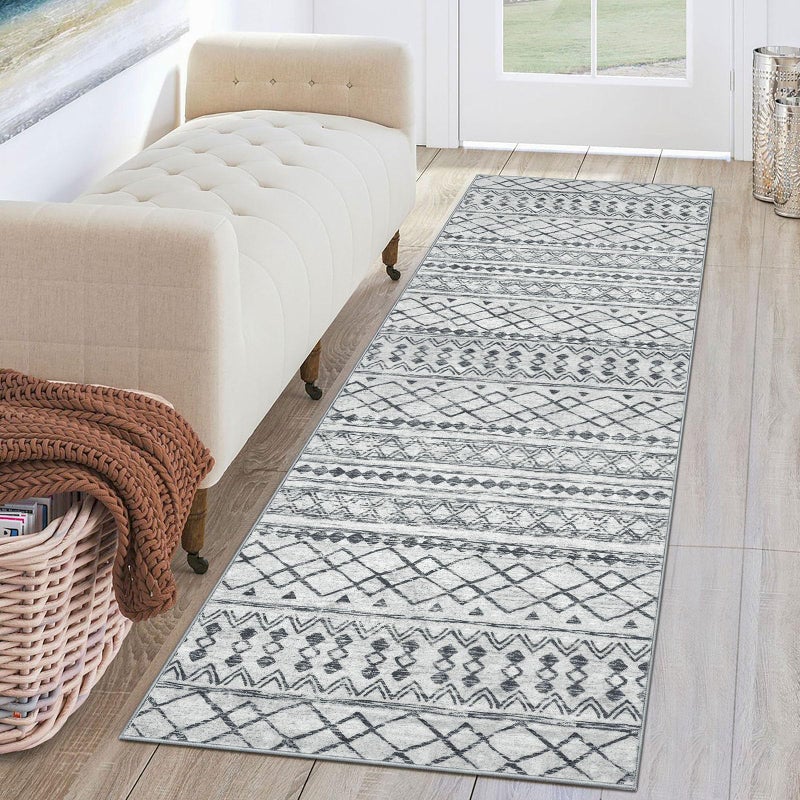 KUTA 2x6 Washable Runner Rug Non-Slip, Grey Moroccan Boho Rug Runner for Hallways Distressed Geometric Vintage Kitchen Rugs, Ultra Soft Floor Mat for Entryway, Bathroom, Laundry, Living Room, Bedroom - Image 1