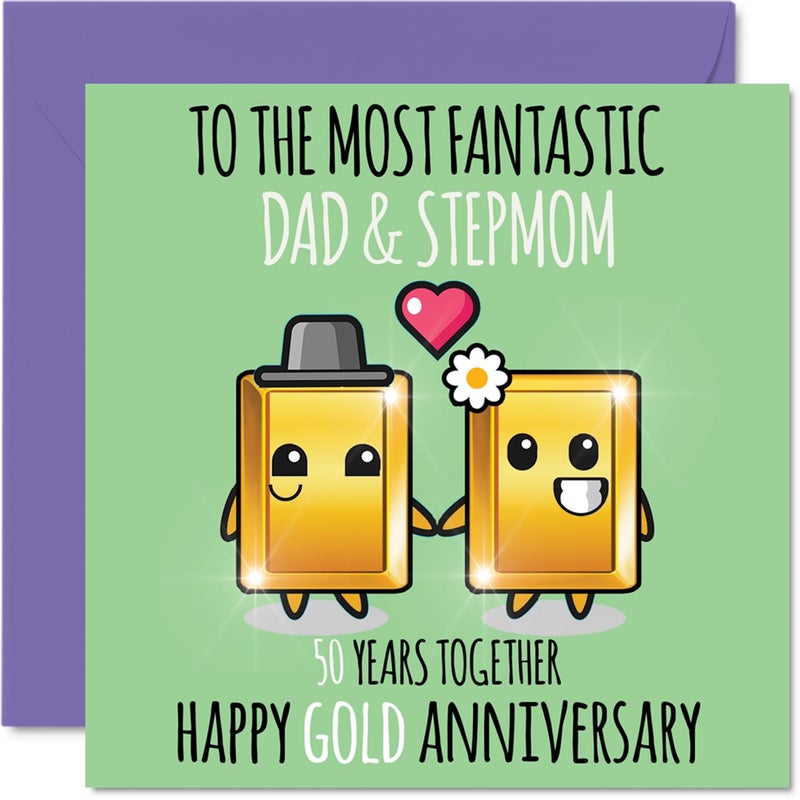 Stuff4 Cute Gold Anniversary Card for Dad & Step Mom - 50 Years Together - Happy 50th Wedding Anniversary Cards for Step Mom Dad  5.7 x 5.7 Inch Greeting Cards for Fiftieth Anniversaries - Image 1