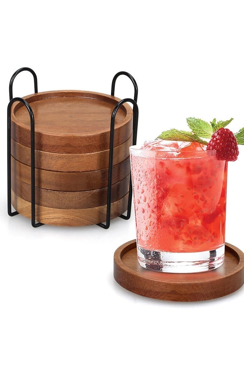 آي هوم شوب 6 قطع من أفضل الوقايات الخشبية مع حامل، ديكور طاولة قهوة، وقايات أكواب حديثة للمشروبات، طاولة طعام منزلية، إكسسوارات مطبخ، بار بيرة لطيف، وقايات خارجية زخرفية على الطراز الريفي - Image 1