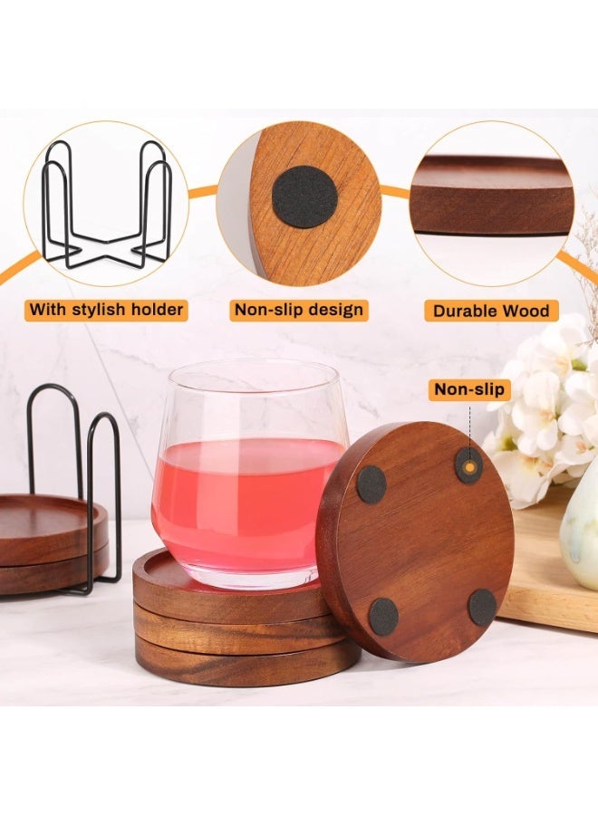 آي هوم شوب 6 قطع من أفضل الوقايات الخشبية مع حامل، ديكور طاولة قهوة، وقايات أكواب حديثة للمشروبات، طاولة طعام منزلية، إكسسوارات مطبخ، بار بيرة لطيف، وقايات خارجية زخرفية على الطراز الريفي - Image 4