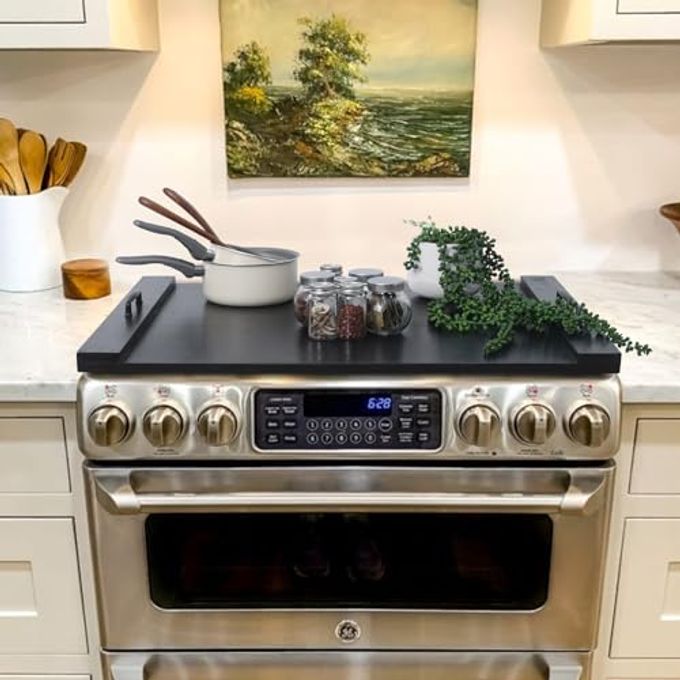 SwallowLiving Wood Noodle Board Stove Cover with Handles, Wooden Stovetop Cover Board for Gas Stove and Electric Stove Top,Kitchen Sink Cover for Counter Space, Cutting Board, Black