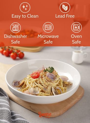 Sweese Large Salad Serving Bowls, 30 Ounce Porcelain White Pasta Plates Set of 6, 8.4 Inch Pasta Bowls for Dinner, Salad - Microwave Dishwasher - Image 3