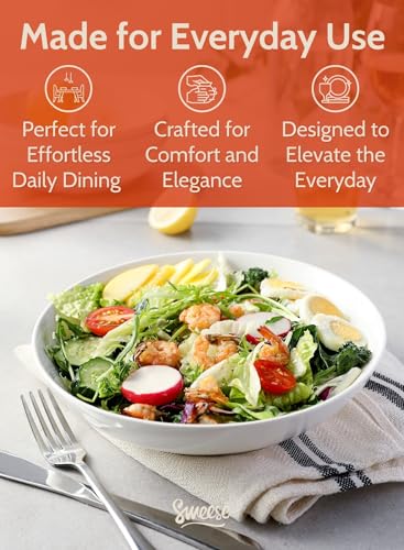 Sweese Large Salad Serving Bowls, 30 Ounce Porcelain White Pasta Plates Set of 6, 8.4 Inch Pasta Bowls for Dinner, Salad - Microwave Dishwasher - Image 4