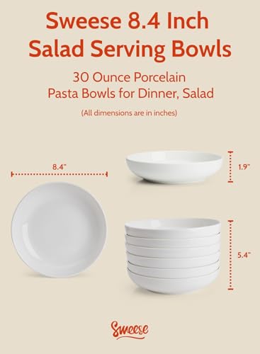 Sweese Large Salad Serving Bowls, 30 Ounce Porcelain White Pasta Plates Set of 6, 8.4 Inch Pasta Bowls for Dinner, Salad - Microwave Dishwasher - Image 2