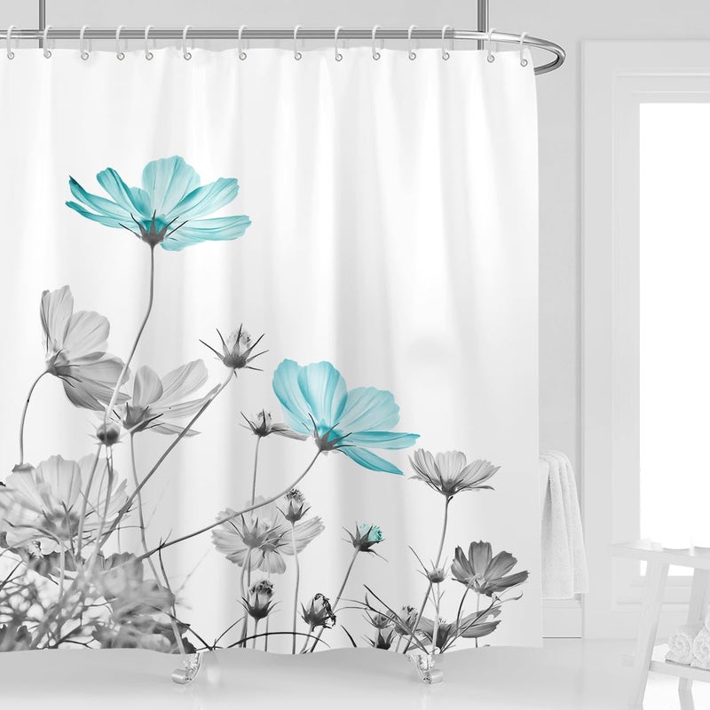 Kikiry Teal Gray Floral Shower Curtain 72W x 72L Daisy Elegant Flower Grey Cute Wildflower Botanical Bathroom Curtains Accessories Polyester Fabric Waterproof 12 Pack Hooks