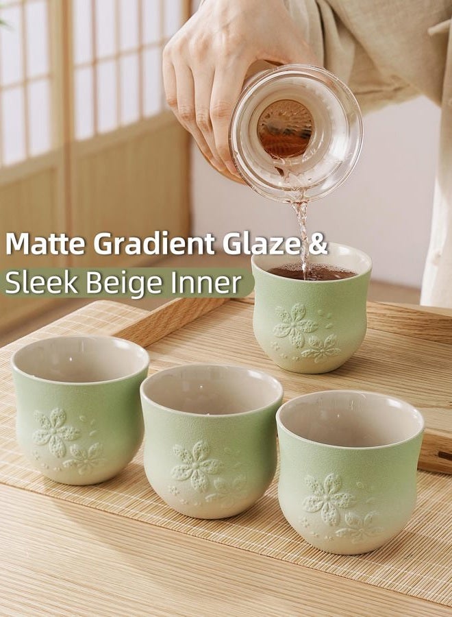 Zens Japanese Tea Cups Set of 4 – 210ml Ceramic Tea Cups, Gradient Green Glaze, Embossed Design – Handleless Matcha & Gongfu Cups, Traditional Asian Style - Image 3