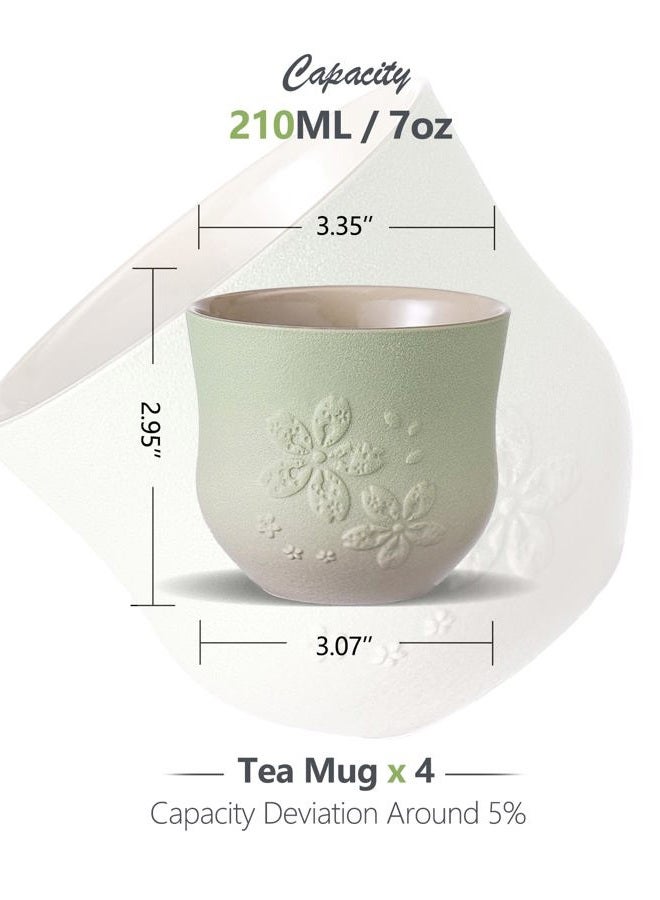 Zens Japanese Tea Cups Set of 4 – 210ml Ceramic Tea Cups, Gradient Green Glaze, Embossed Design – Handleless Matcha & Gongfu Cups, Traditional Asian Style - Image 2