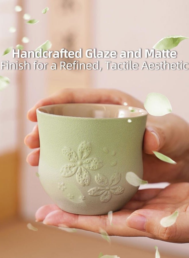 Zens Japanese Tea Cups Set of 4 – 210ml Ceramic Tea Cups, Gradient Green Glaze, Embossed Design – Handleless Matcha & Gongfu Cups, Traditional Asian Style - Image 4