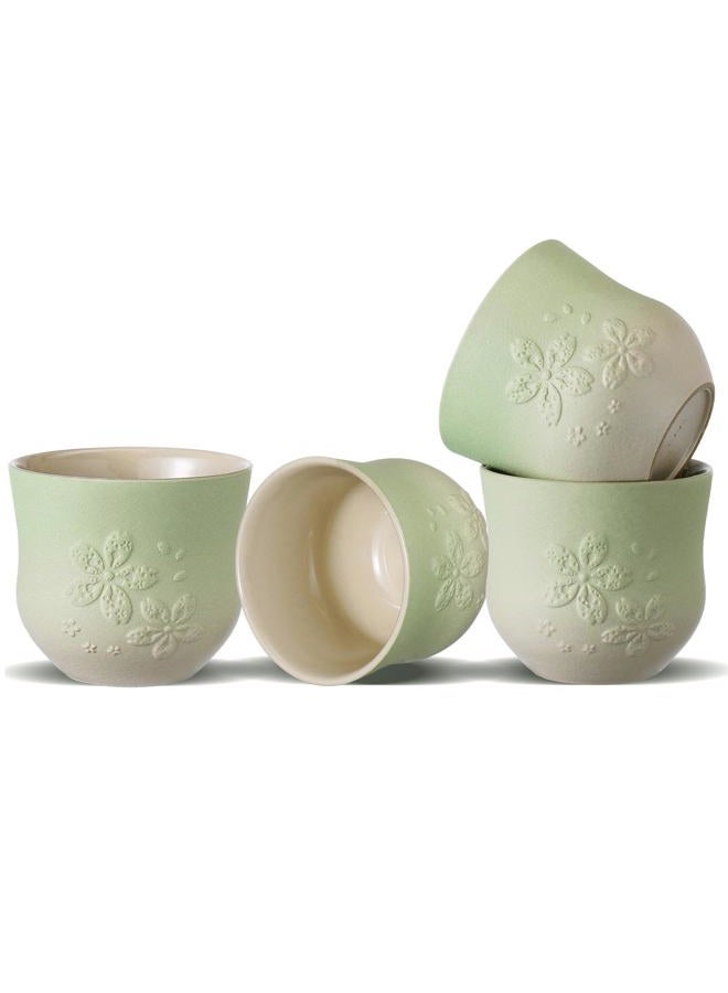 Zens Japanese Tea Cups Set of 4 – 210ml Ceramic Tea Cups, Gradient Green Glaze, Embossed Design – Handleless Matcha & Gongfu Cups, Traditional Asian Style - Image 1