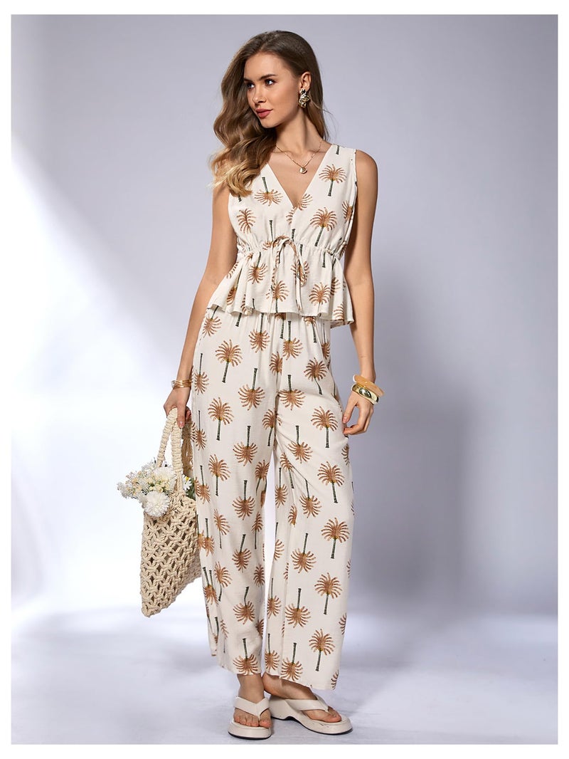 OYOANGLE Women's 2 Piece Outfits Graphic Print Drawstring Tank Top and Straight Leg Pants Set Vacation Wear White Orange S - Image 4