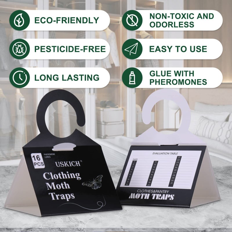 USKICH Clothes Moth Traps with Strength Pheromones |Sticky Glue Trap for Closets and Carpet Moths |Clothing Moth Traps for Feathers, Fur, Wool |Lure, Trap and Kill Case-Bearing Webbing Moths(16 Pack) - Image 3