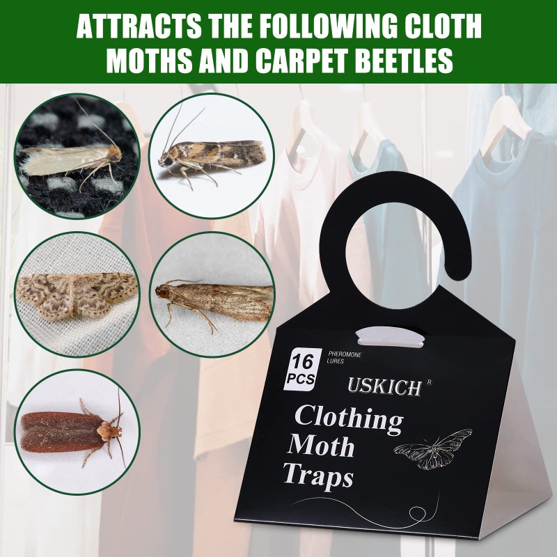 USKICH Clothes Moth Traps with Strength Pheromones |Sticky Glue Trap for Closets and Carpet Moths |Clothing Moth Traps for Feathers, Fur, Wool |Lure, Trap and Kill Case-Bearing Webbing Moths(16 Pack) - Image 4