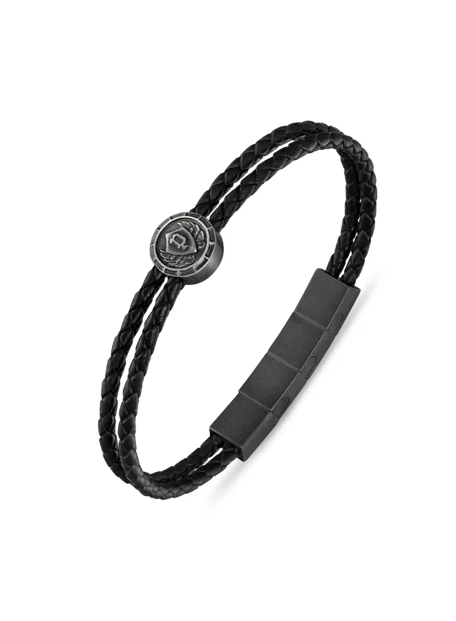 POLICE Crest Antique Black Disc Emblem Double Leather Bracelet for Men 190mm