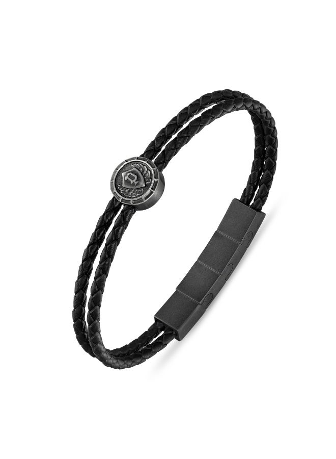 POLICE Crest Antique Black Disc Emblem Double Leather Bracelet for Men 190mm - Image 1