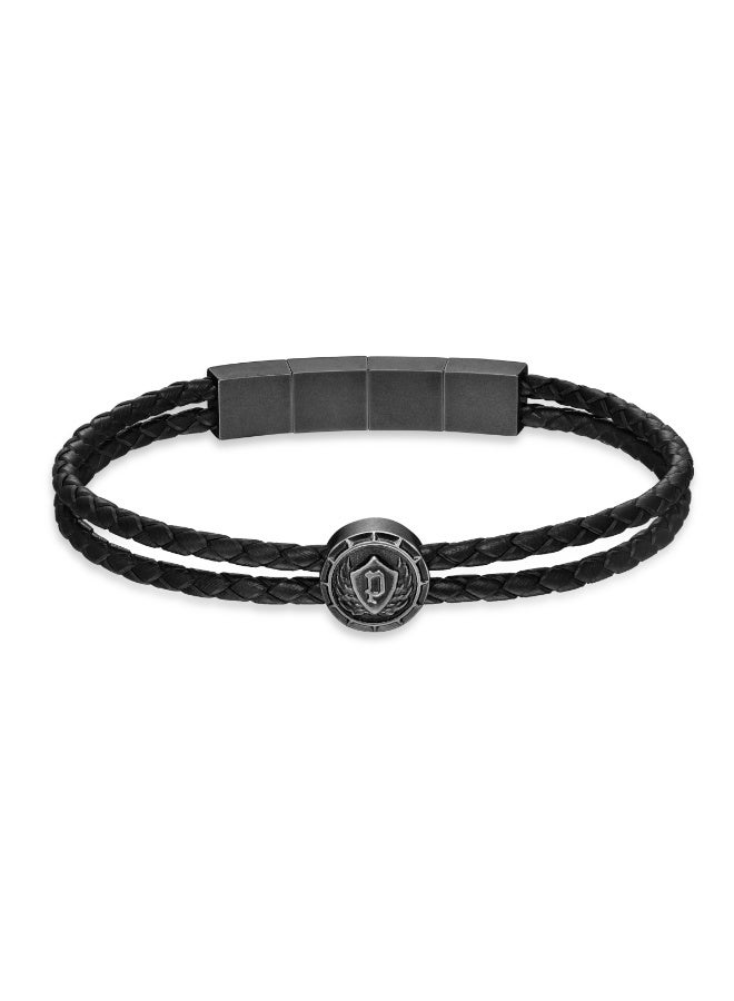 POLICE Crest Antique Black Disc Emblem Double Leather Bracelet for Men 190mm - Image 2