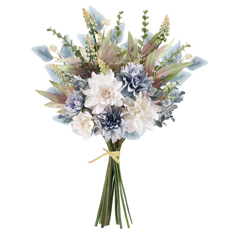 Pusuny 2 Pcs Fake Artificial Flowers Bouquet for Decoration, Silk Flower Arrangements Faux Flowers Plant Wedding Bride Bouquets Tables Centerpieces for Home Decor Indoor Vase Floral Table Decor (Blue White) - Image 1
