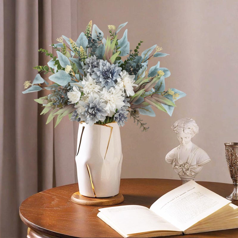 Pusuny 2 Pcs Fake Artificial Flowers Bouquet for Decoration, Silk Flower Arrangements Faux Flowers Plant Wedding Bride Bouquets Tables Centerpieces for Home Decor Indoor Vase Floral Table Decor (Blue White) - Image 4