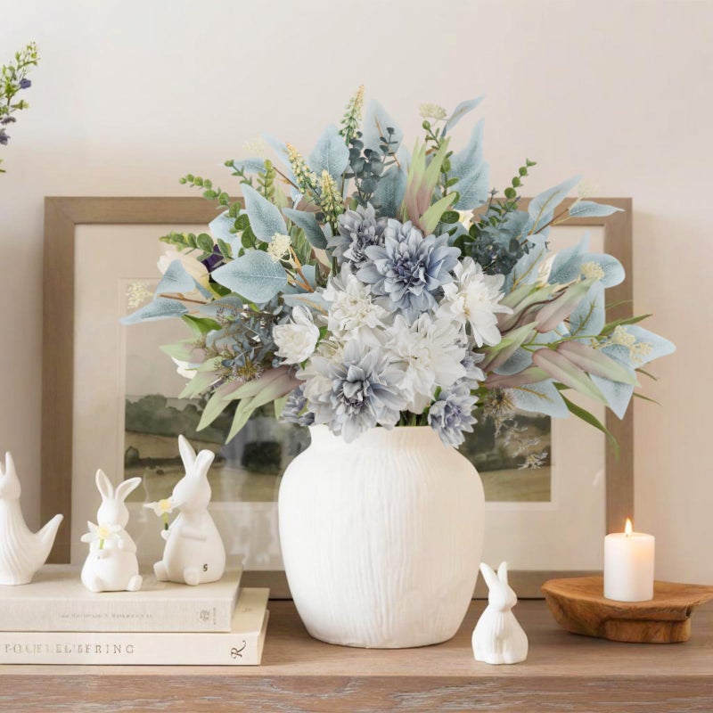 Pusuny 2 Pcs Fake Artificial Flowers Bouquet for Decoration, Silk Flower Arrangements Faux Flowers Plant Wedding Bride Bouquets Tables Centerpieces for Home Decor Indoor Vase Floral Table Decor (Blue White) - Image 2