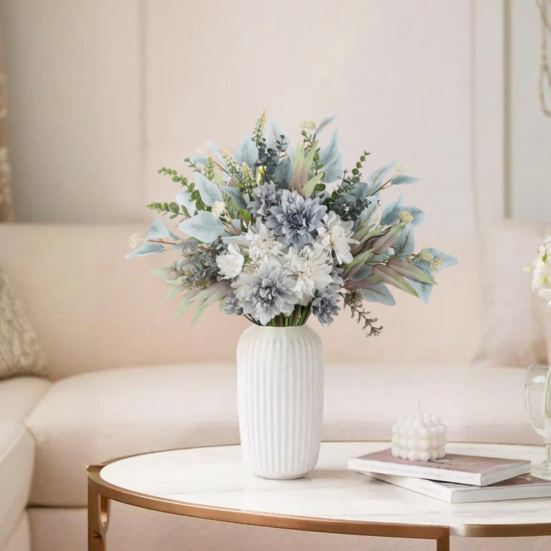 Pusuny 2 Pcs Fake Artificial Flowers Bouquet for Decoration, Silk Flower Arrangements Faux Flowers Plant Wedding Bride Bouquets Tables Centerpieces for Home Decor Indoor Vase Floral Table Decor (Blue White) - Image 3