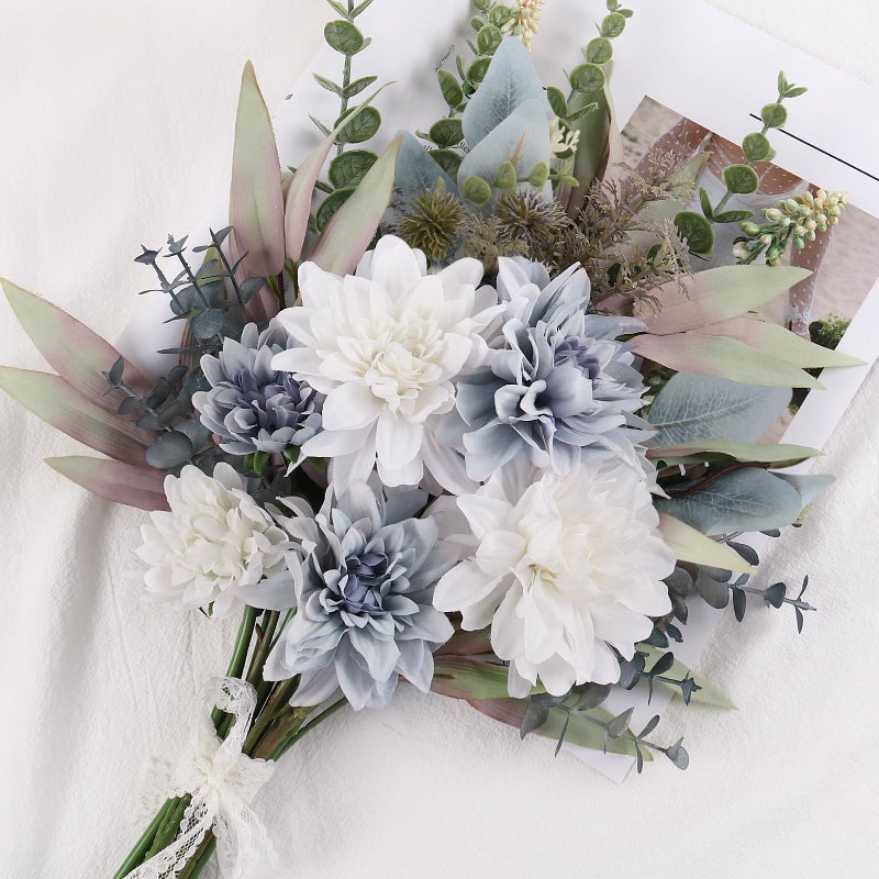 Pusuny 2 Pcs Fake Artificial Flowers Bouquet for Decoration, Silk Flower Arrangements Faux Flowers Plant Wedding Bride Bouquets Tables Centerpieces for Home Decor Indoor Vase Floral Table Decor (Blue White) - Image 5