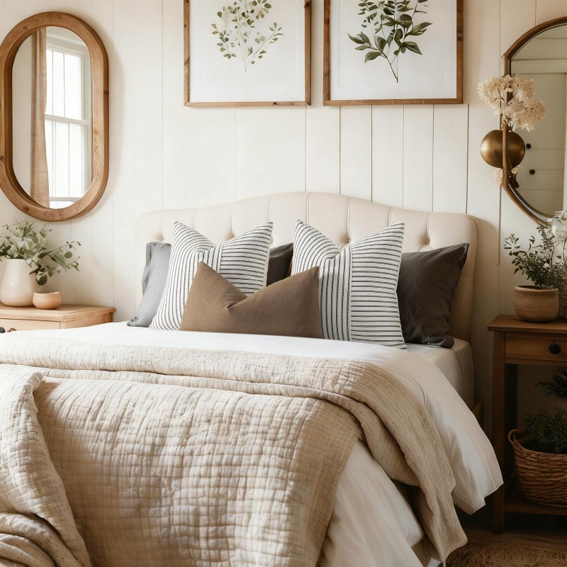 YCOLL Farmhouse Pillow Covers 18x18, Modern Accent Square Throw Pillow Covers Set of 2, Black and Beige Striped Patchwork Linen Decorative Pillows Cushion Covers for Couch Chair Bedroom Home Decor - Image 4