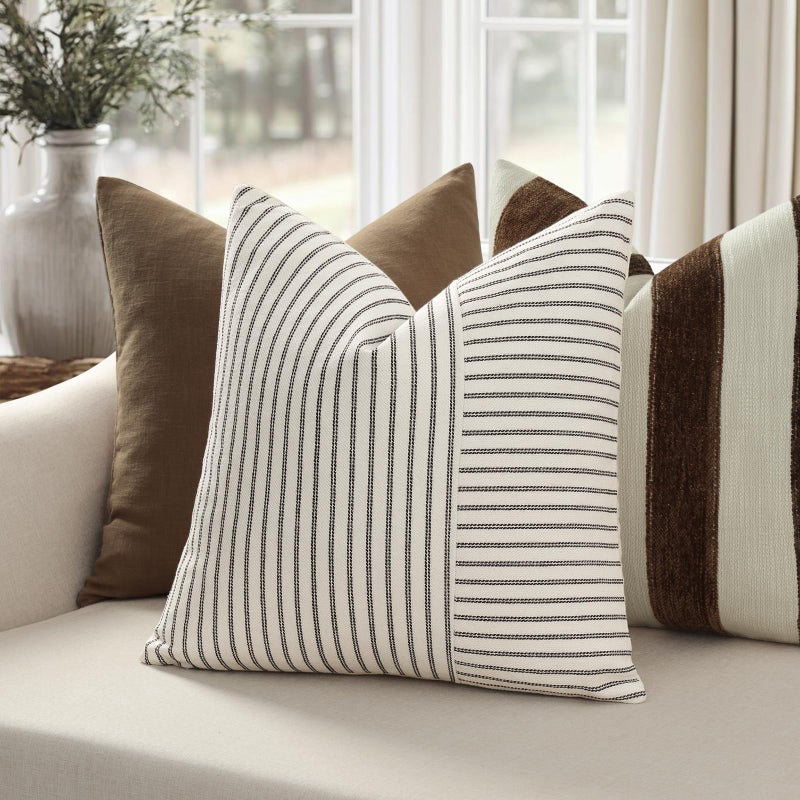 YCOLL Farmhouse Pillow Covers 18x18, Modern Accent Square Throw Pillow Covers Set of 2, Black and Beige Striped Patchwork Linen Decorative Pillows Cushion Covers for Couch Chair Bedroom Home Decor - Image 2