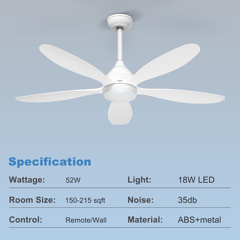 Ohniyou 52 Inch White Ceiling Fan with Light and Remote, Noiseless Reversible DC Motor, 3CCT, 6 Speeds, Large Outdoor Indoor Modern Smart Ceiling Fan for Living Room, Bedroom, Patios - Image 2