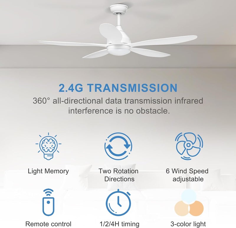 Ohniyou 52 Inch White Ceiling Fan with Light and Remote, Noiseless Reversible DC Motor, 3CCT, 6 Speeds, Large Outdoor Indoor Modern Smart Ceiling Fan for Living Room, Bedroom, Patios - Image 3