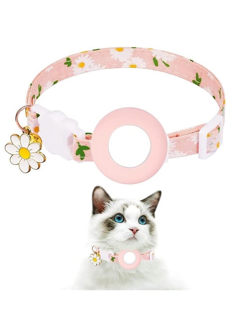 Cat Collar for Airtag Kitten Collar Breakaway with Silicone Airtag Holder Bells and Flower Charm for Girl Cats Boy Cats Small Dogs Pink