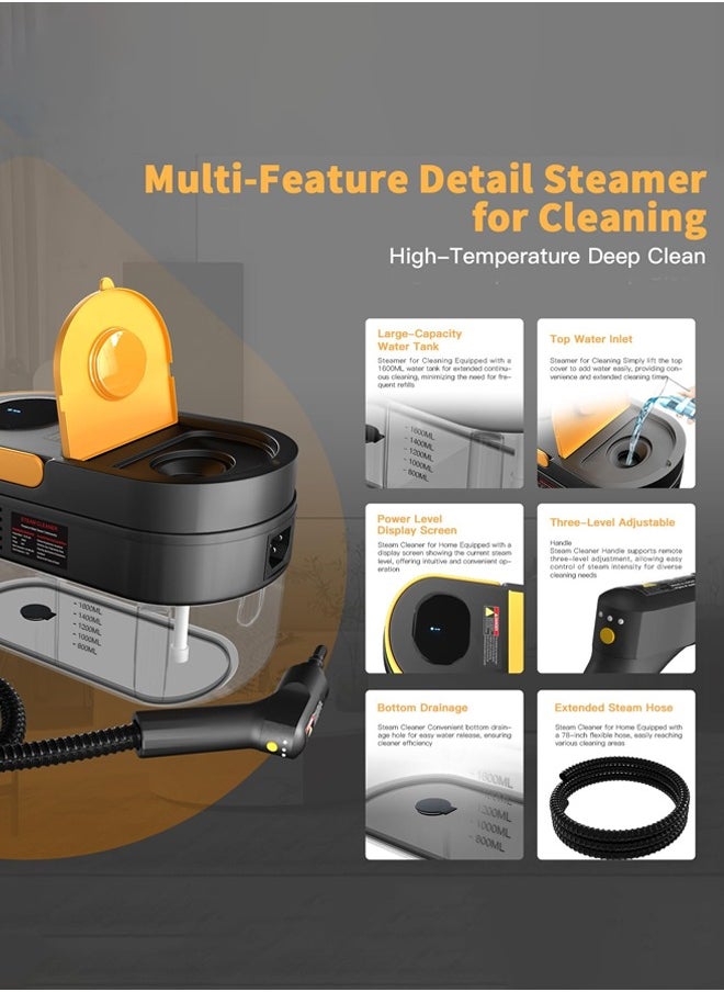 Handheld Steam Cleaner, 3-Level Adjustable Handle, 15s Heat-Up, 1600ml Water Tank,Portable Steamer for Cleaning with 10 pcs Accessories, Steam Cleaner for Home for Dirt, Grease, Grout, Tile,Floor,Couch and Car
