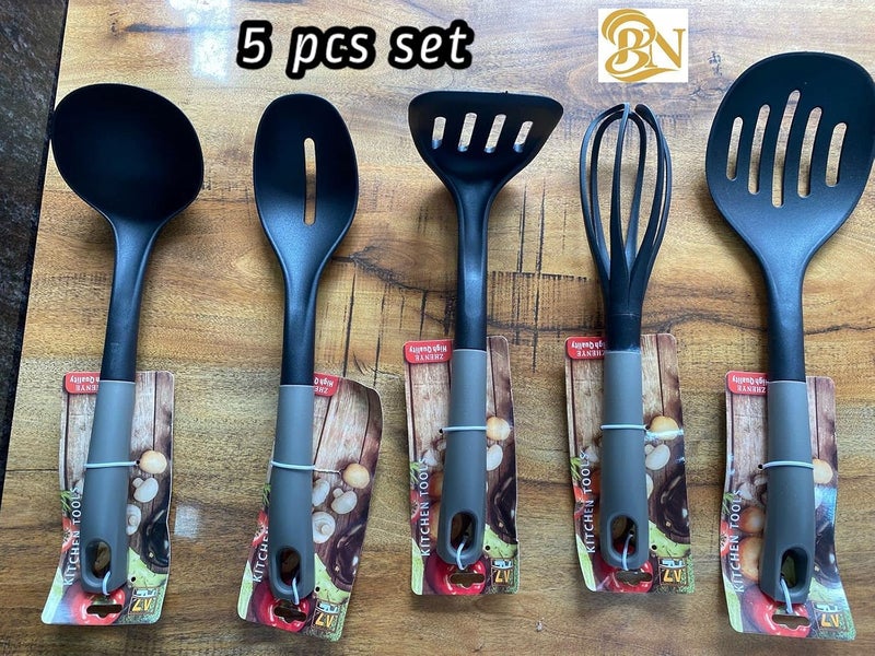 Moolten Moolten Nylon Kitchen Ladle Set Non Stick with Stand Multicolour Original Nylon  - Image 1