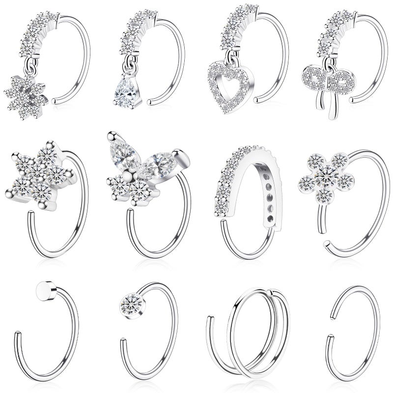 BSJ4U Hoop Nose Rings for Women Nose Piercings 20G Stainless Steel Nose Rings Hoops Heart Butterfly Flower Bow Teardrop Double Nose Hoops Silver Clear CZ Nose Piercing Jewelry - Image 1