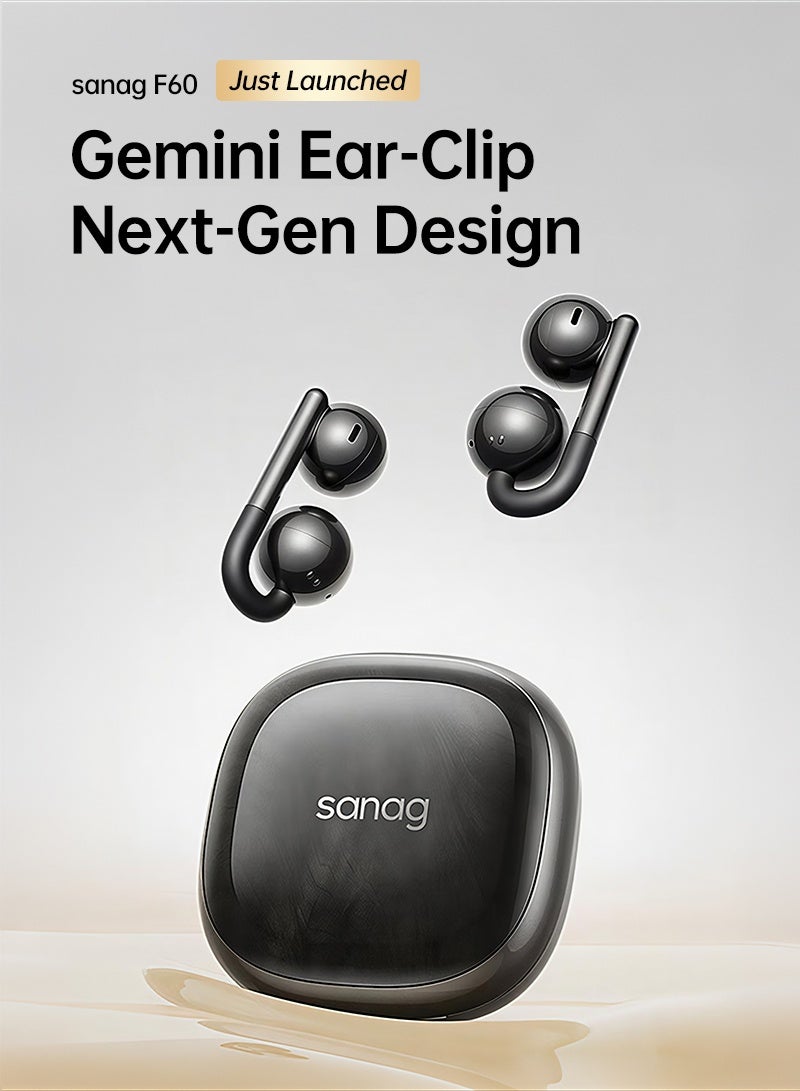 sanag F60 Open-Ear Clip Earbuds, 4.5g Ultra-Light Comfort, 40H Long Battery, Hi-Pure Sound, Fashionable Design, Clear Call, Noise Resistance, Bluetooth 6.0, IPX5 Waterproof, Smart App Control, Anti-Loss Feature, iOS And Android, Black - Image 1