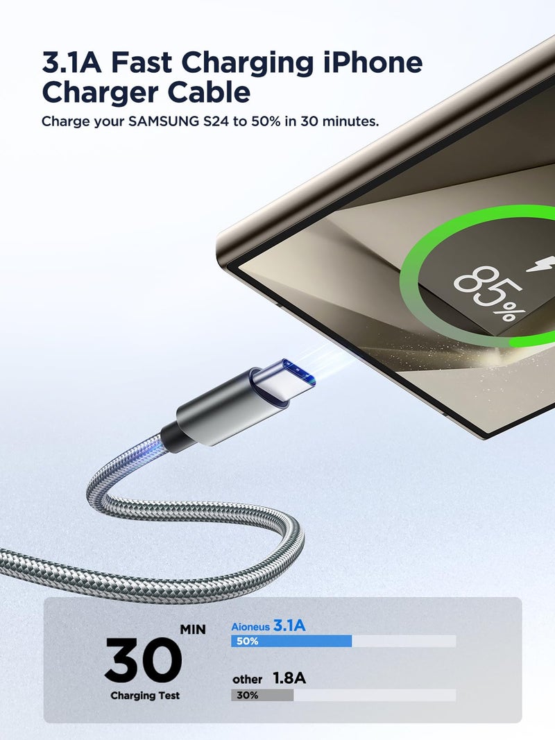 Aioneus كابل USB C بطول 10 قدم 2 حزمة USB A إلى USB C 3A شحن سريع كابل شاحن طويل من نوع C لهواتف أندرويد، سامسونج جالاكسي S25 S24 S23 S22 S21 A12 A13 A14 A17 A21 A32 A42 A53، آيفون 17 16 15 - Image 3