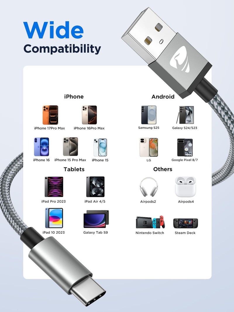 Aioneus كابل USB C بطول 10 قدم 2 حزمة USB A إلى USB C 3A شحن سريع كابل شاحن طويل من نوع C لهواتف أندرويد، سامسونج جالاكسي S25 S24 S23 S22 S21 A12 A13 A14 A17 A21 A32 A42 A53، آيفون 17 16 15 - Image 5
