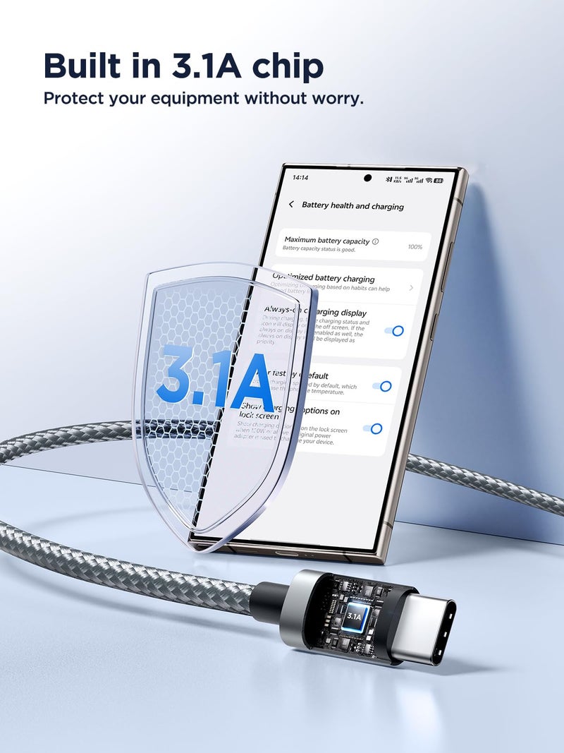 Aioneus كابل USB C بطول 10 قدم 2 حزمة USB A إلى USB C 3A شحن سريع كابل شاحن طويل من نوع C لهواتف أندرويد، سامسونج جالاكسي S25 S24 S23 S22 S21 A12 A13 A14 A17 A21 A32 A42 A53، آيفون 17 16 15 - Image 2