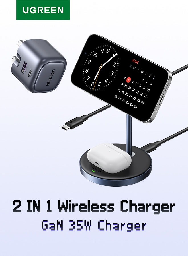 Ugreen 【UGREEN CHARGER BUNDLE】2 IN 1 Wireless Charger Magsafe (Cable included)+GaN 35W USB C Charger Fast Charging For iPhone 16 15 Pro Max 14 13 12, New Airpods 4 3 Magsafe Dock 360 Free Rotation Angle Adjustable Black - Image 1