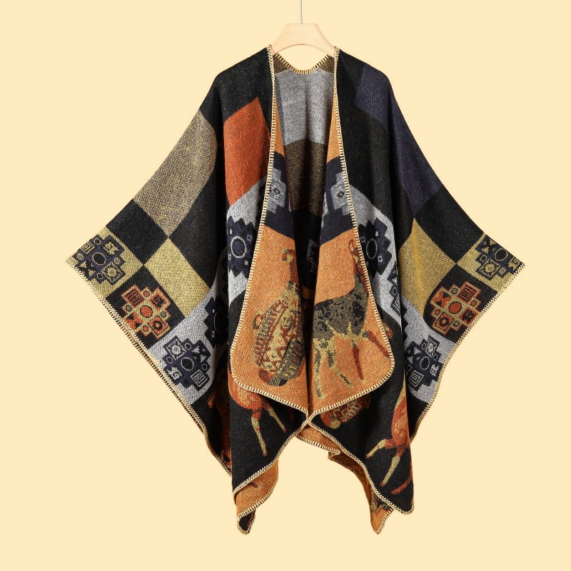 in stock Forest Travel Shawl Autumn and Winter Imitation Cashmere Ginkgo Leaf Knitted Scarf Split Cape Cape Outer retro cultural relics yellow and black