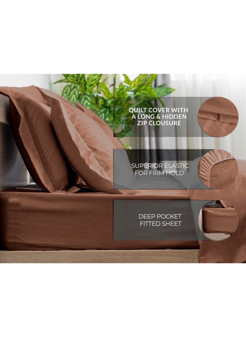 Eworld 6 Piece Premium King Size Bedding Set, Dark Brown Striped Design and High Quality Cotton Hotel Luxury Bedsheet, Soft Quilt Cover and Pillowcases  - Image 2
