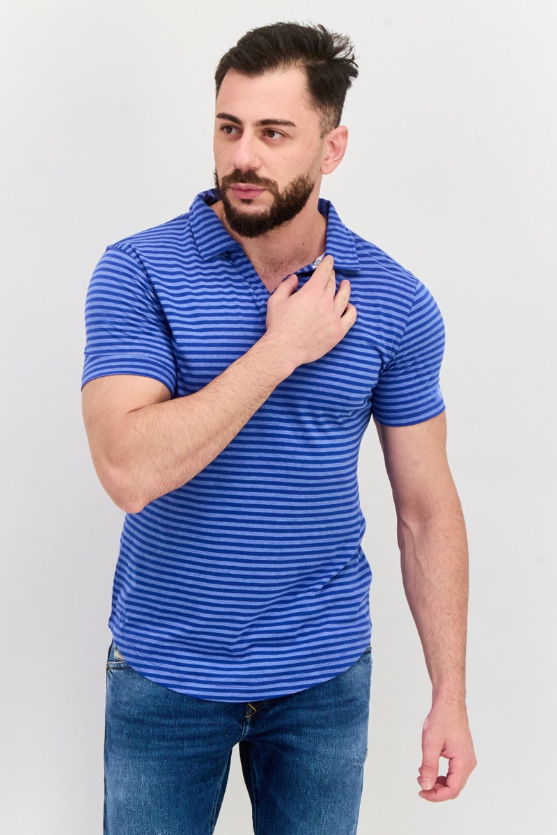 Project Essentials Men Regular Fit Stripe Short Sleeve Polo Shirt, Blue - Image 1
